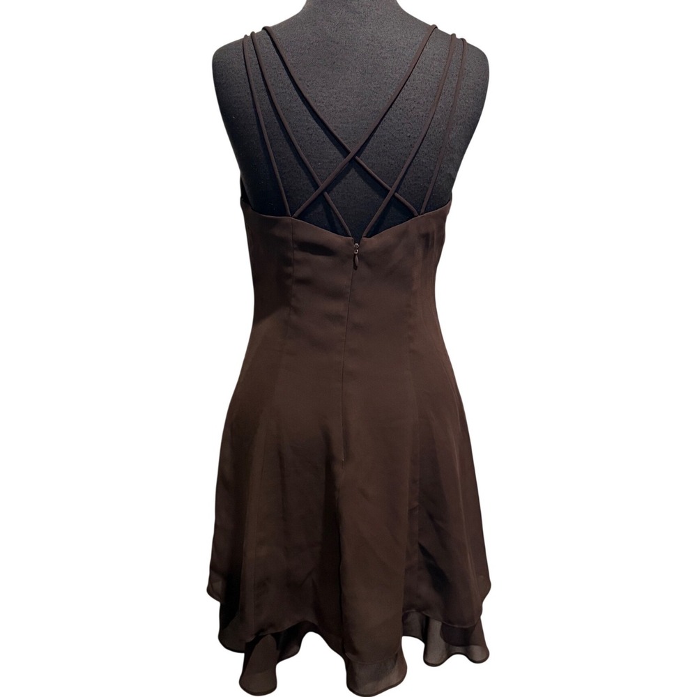 Hampton Nites Vintage Brown Chiffon Mini Dress Crisscross Back Petites 90s Style